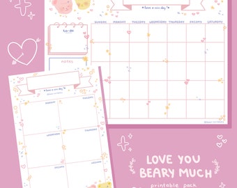 Je t'aime beaucoup Beary || Pack imprimable Planning mignon || Agenda hebdomadaire + agenda mensuel