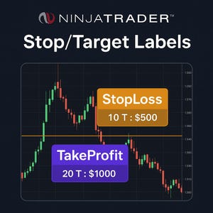 Può includere: Un grafico di NinjaTrader con il testo "Stop/Target Labels". L'immagine mostra un grafico azionario con barre verdi e rosse. Sono presenti due etichette: "StopLoss" con "10 T: $500" e "TakeProfit" con "20 T: $1000."