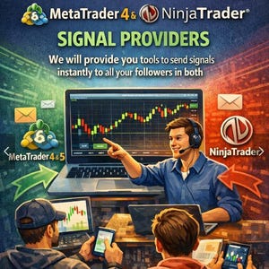 May include: A digital illustration featuring the text ARE YOU A MENTOR? MetaTrader 4 & NinjaTrader SIGNAL PROVIDERS. A person points at a laptop screen displaying financial charts, while two others use tablets and laptops to view trading data.
