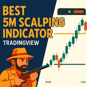Op de afbeelding: Illustratie met de tekst "BEST 5M SCALPING INDICATOR TRADINGVIEW". Een cartoonfiguur met hoed en jas richt een geweer op een aandelenkoersgrafiek met groene en rode balken. De achtergrond is donkerblauw en crème.
