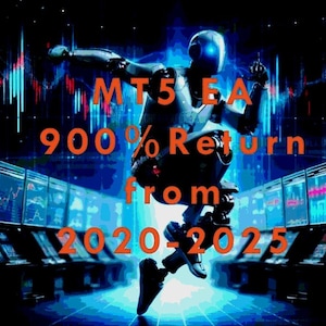 以下が含まれることがあります： 青と黒の背景に、デジタルロボットが描かれています。オレンジ色の文字で「MT5 EA 900% Return from 2020-2025」と書いてあります。