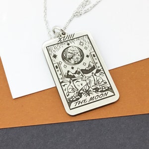 The Moon Tarot Card Necklace, Chain Charm, Sterling Silver 925, Gold plated