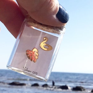 Flamingo and Tropical Leaf Stud Earrings, Summer, Sea, Sterling Silver 925, Gold Plated