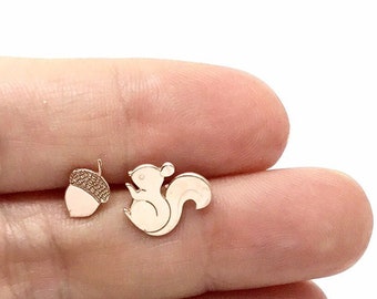 Squirrel and Acorn Autumn Leaf Stud Earrings - Sterling Silver 925 - Gold Plated