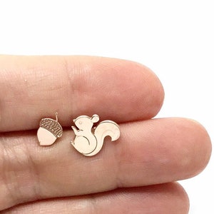 Squirrel and Acorn Autumn Leaf Stud Earrings - Sterling Silver 925 - Gold Plated