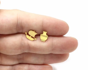 Trireme and Amphora Stud Earrings, Greek Monument, Greece, Summer, Sterling Silver 925,Gold Plated