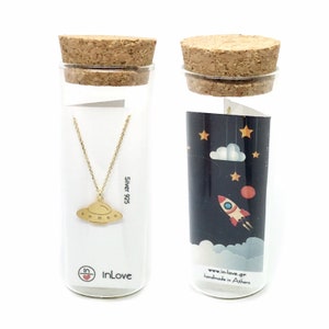 UFO Necklace, Alien Spacecraft, Space, Sterling Silver 925, Gold plated, Cute Jewelry