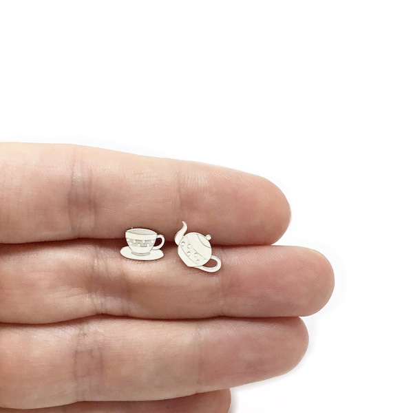 Teapot and Teacup Stud Earrings, Tea Time, Tea lovers, Sterling Silver 925,Gold Plated