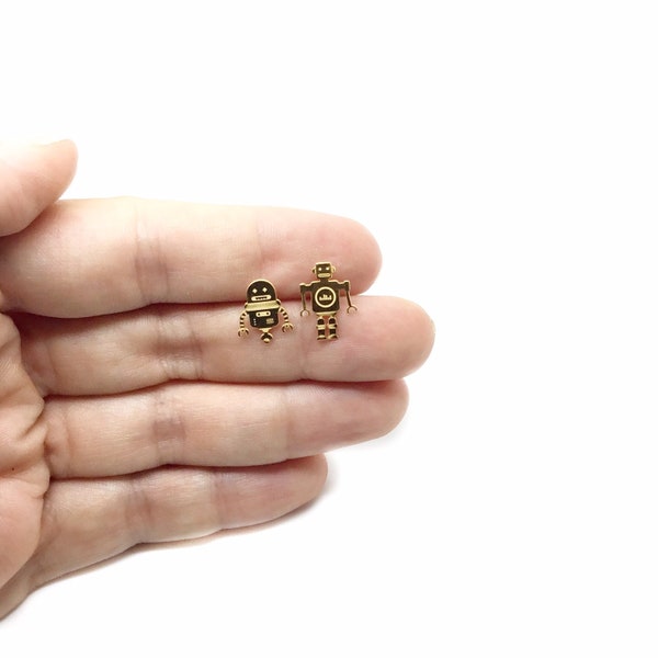 Robots Earrings, Cute Studs, Amazing Gift, Sterling Silver 925, Gold Plated