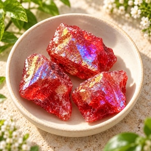 May include: Three raw, jagged pieces of vibrant red glass with a crackled texture and an iridescent, rainbow-like sheen. These translucent, angular stones are contained within a simple, round, off-white ceramic bowl.