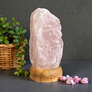 Rose Quartz Crystal Lamp - 1.4kg-1.8kg: On wooden Stand, E14 LED Bulb and Mains Plug image 1