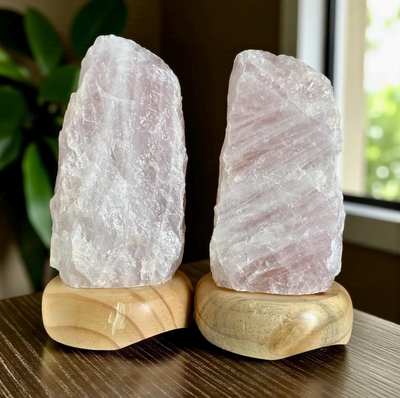 Rose Quartz Crystal Lamp - 1.4kg-1.8kg: On wooden Stand, E14 LED Bulb and Mains Plug image 8
