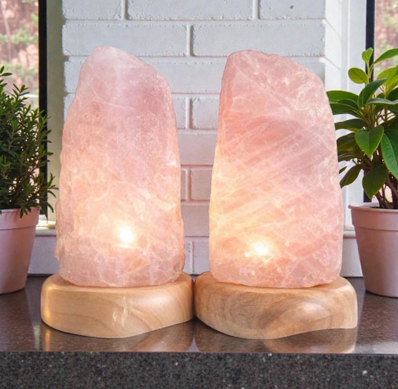 Rose Quartz Crystal Lamp - 1.4kg-1.8kg: On wooden Stand, E14 LED Bulb and Mains Plug image 2