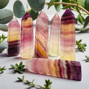 Puede incluir: Seis torres de cristal de fluorita coloridas. Los cristales muestran bandas de tonos morados, amarillos y claros. Los cristales están dispuestos sobre una superficie gris claro, con follaje verde en el fondo. Un cristal está plano.