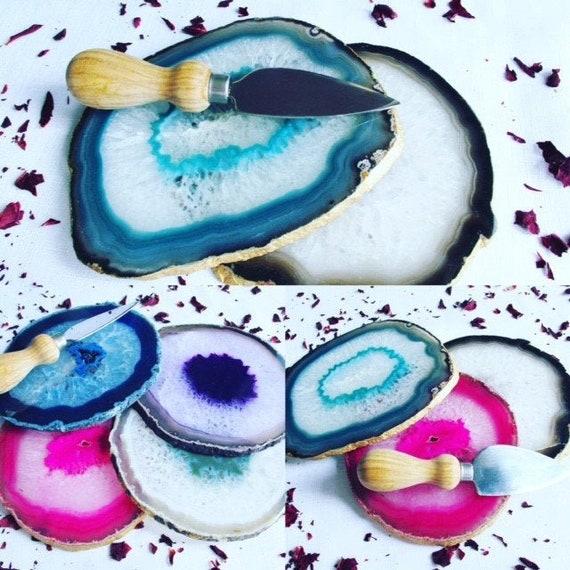 Gold Agate Coasters x 4 //// Hand Gilded Edges in Silver Copper //// 8-10 cm