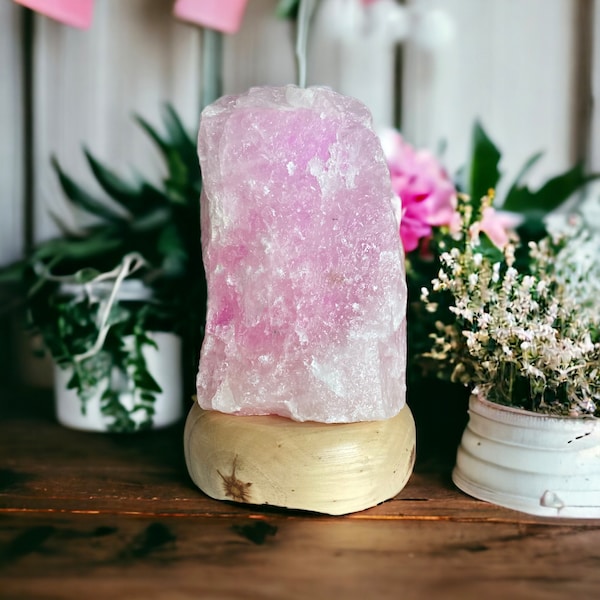 Rose Quartz Crystal Lamp RESTOCKED. Complete with Cord, White LED Bulb, Plug, and a Neon Electric Candle. Crystal Shop UK, Luna by Louise.