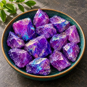 May include: A collection of raw, jagged purple crystals with an iridescent, metallic sheen, contained within a round, teal-coloured ceramic bowl. The stones exhibit sharp, angular facets and reflective surfaces that shimmer with blue and gold highlights.