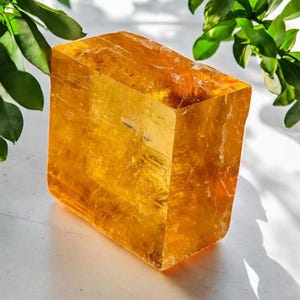May include: A large, golden-yellow calcite crystal with a rectangular shape. The crystal has a translucent appearance, with visible internal structures. Green leaves are in the background. The crystal is a natural mineral specimen.