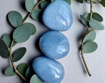 Angelite Crystal Palm Stone: Polished Blue Anhydrite, Spiritual Stone
