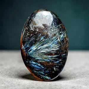 Op de afbeelding: Een ovale, gepolijste edelsteen met een glanzend oppervlak. De steen heeft een mix van donkerbruine, zwarte en blauwe tinten, met een opvallend, veervormig patroon van blauw en wit dat vanuit het midden uitstraalt. De edelsteen staat tegen een neutrale achtergrond.