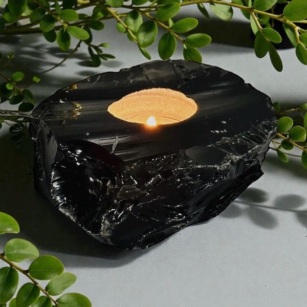 Svart obsidian ljusstake – skyddande kristallljus | Luna av Louise, Crystal Shop UK