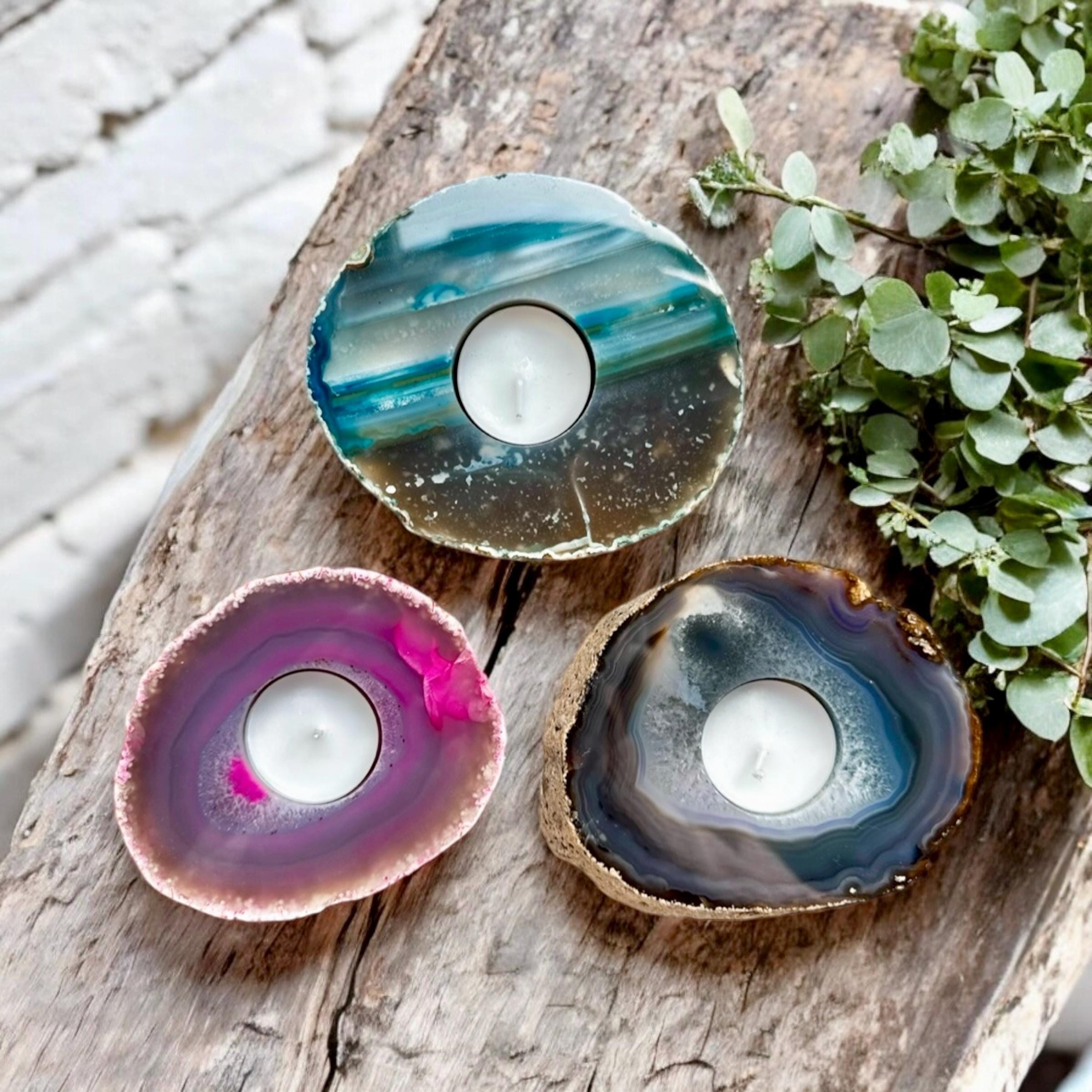 【一点物】天然流木×染色瑪瑙（アゲート）キャンドルホルダー｜幻想インテリア アゲートジオードキャンドルホルダー：幻想的なクリスタルのホーム