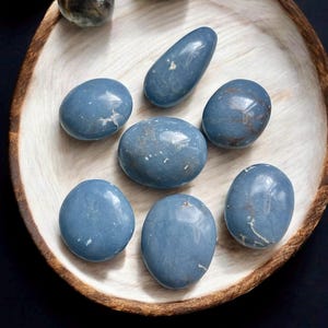 Angelite Crystal Palm Stone: Polished Blue Anhydrite, Spiritual Stone