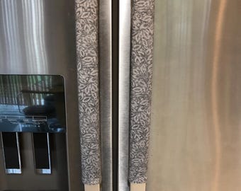 Grey Leaf Motif Refrigerator Handle Covers - Cotton flannel. Appliance handle covers strike a balance between practicality and aesthetics.