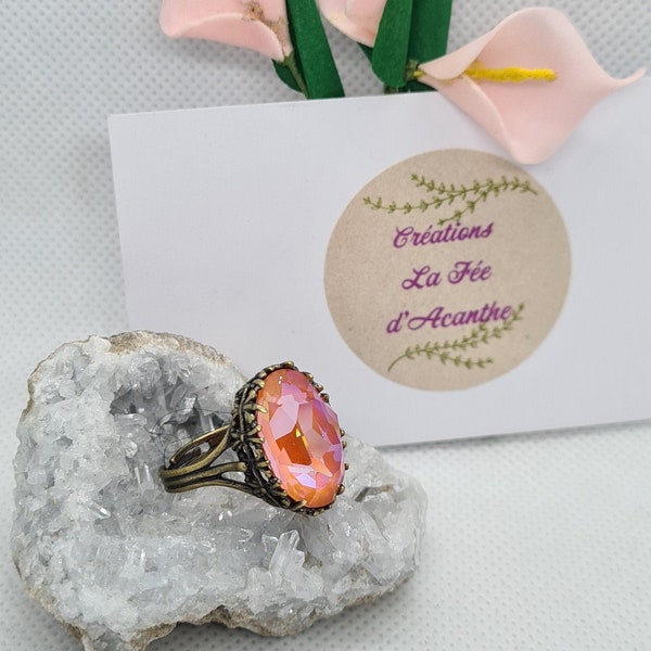 Bague femme réglable pierre orange cristal Swarovski, monture bronze