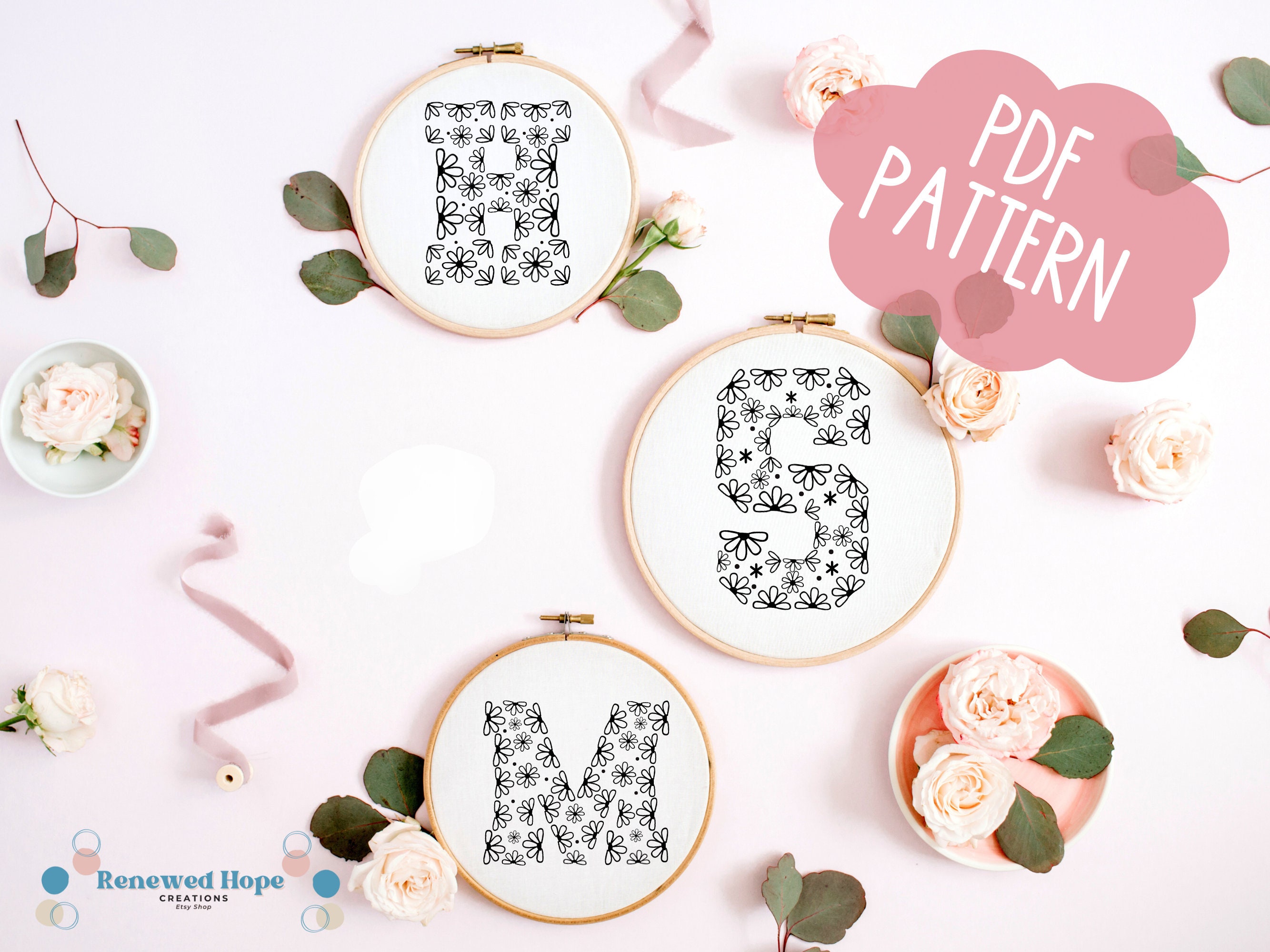 Floral Alphabet Hand Embroidery Pattern PDF Download for DIY Embroidery