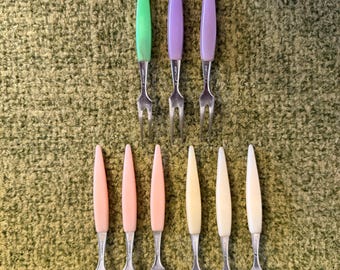 Tenedores de cóctel vintage de acero inoxidable - Juego de 9 retro de los años 70