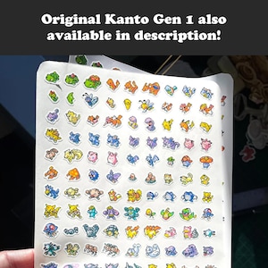 May include: A sheet of colorful stickers featuring various cartoon characters. The stickers are arranged in rows and columns, with a variety of colors and designs. The text "Original Kanto Gen 1 also available in description!" is at the top.