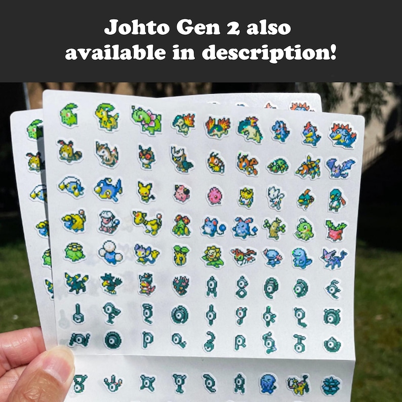 May include: Sheets of stickers featuring various colorful pixel art characters. The stickers are arranged in rows and columns, showcasing a variety of creatures. The text "Johto Gen 2 also available in description!" is at the top.
