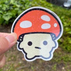 Magic Mushroom Kawaii vinyl Sticker, a nature sticker for water bottles and laptops. Waterproof vinyl decal