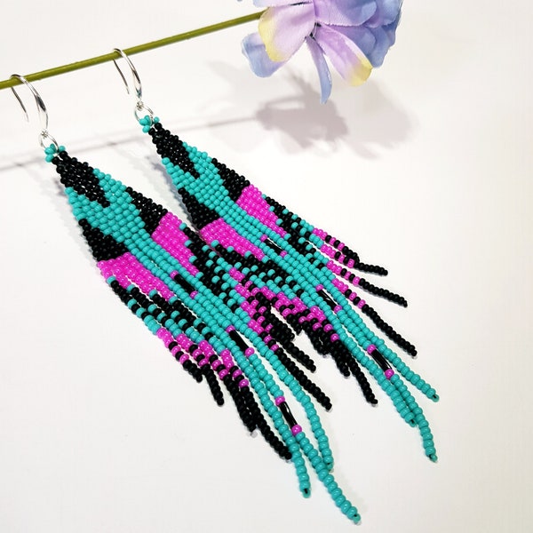 Long earrings 4.5 inch,glass bead tassel,ethnic style,very bright colors hot pink,turquoise,black,long fringe,trends jewelry,popular gift