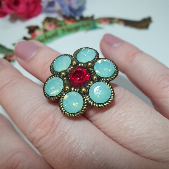 Vintage Michal Negrin Big Ring /swarovski Crystals/ Adjustable