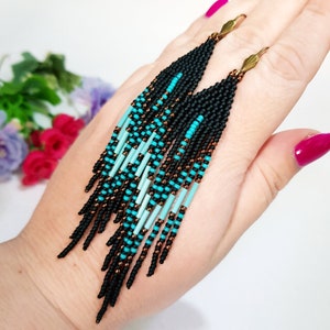 Beaded long earrings,Seed Bead Fringe earrings 4.5 inches length,Boho earrings Turquoise,Matt Black and Bronze color,Bead weaving techniques