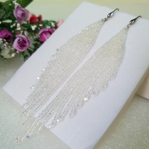 Wedding earrings 5 inch long,Sparkling white color,Long fringe with crystals,gentle seed bead earrings,Beautiful,popular jewelry,trends 2025