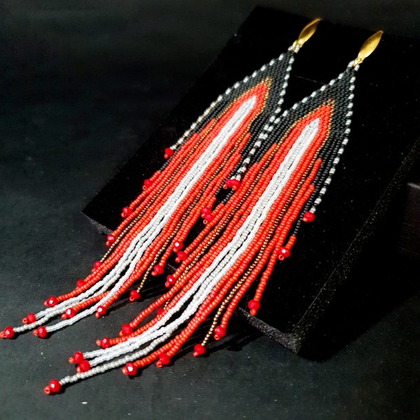 Boucles d'oreilles en perles rouges très longues, 6 pouces de long, boucles d'oreilles à franges de perles de rocaille, style Boho, rouge, bronze, noir, couleurs argentées, plus petites perles miyuki