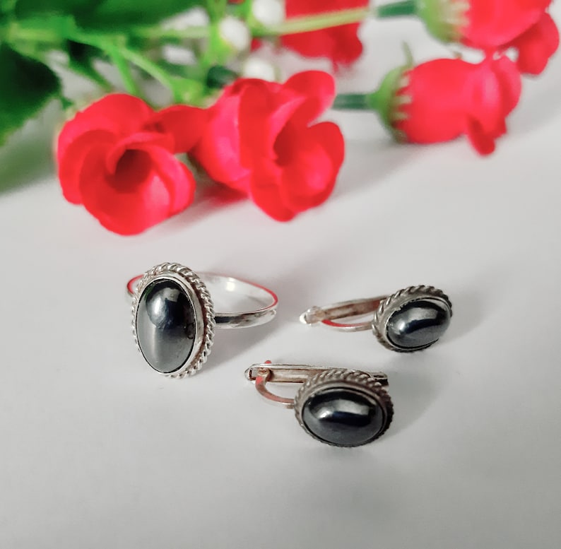 Vintage set jewelry sterling silver 925 with hematite stone Vintage earrings Vintage ring 6 size USSR jewelry