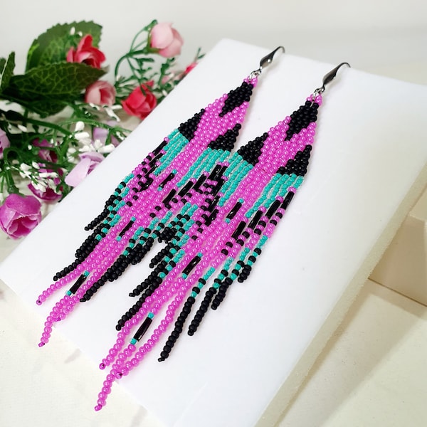 Very bright beaded earrings,4.5 inches long,glass seed bead earrings,Ethnic style,Hot pink ,turquoise and matte black color,trends jewelry