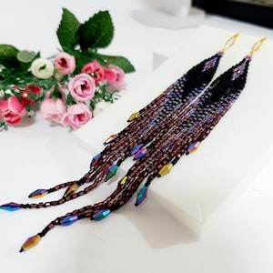 Iridescent Crystal Beaded Fringe Earrings: Matte Black & Purple, 7 Inch
