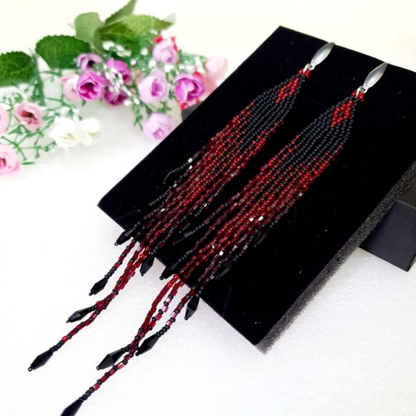 Extra long seed beads earrings,black crystals,garnet red color,6 inch long,Waterfall fringe beaded earrings,Shoulder duster,new trends 2024