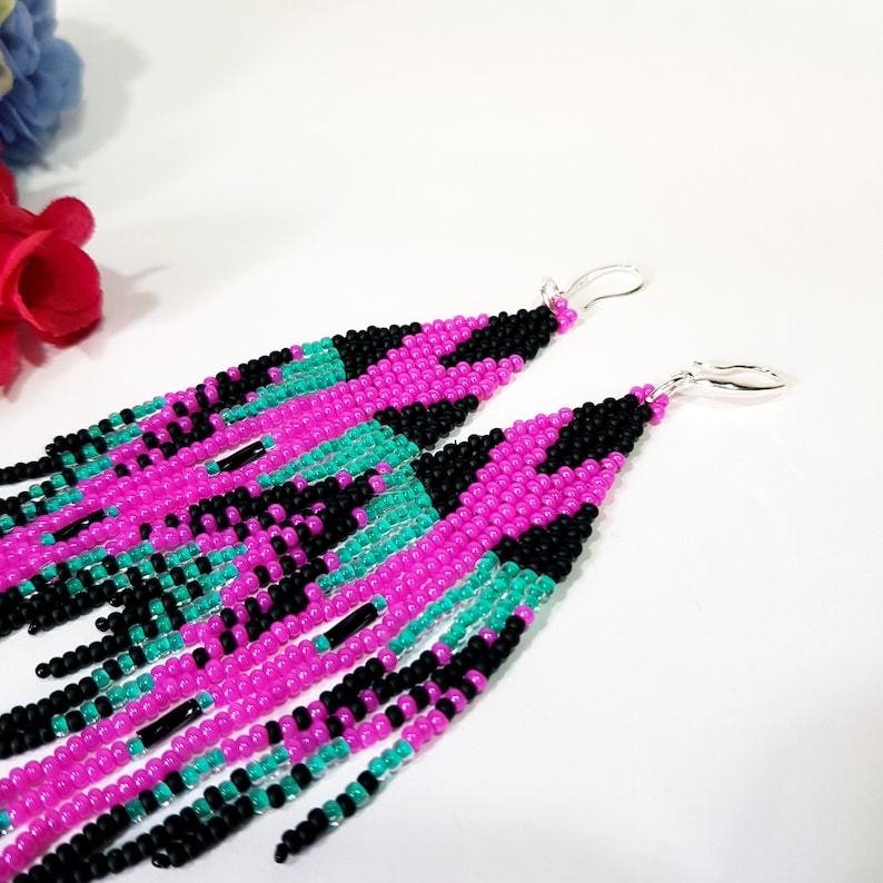Sehr helle Perlen Ohrringe,12 cm lang,Glasperlen Ohrringe,Ethno Stil,Hot Pink,türkis und mattschwarz Farbe,Trends Schmuck Bild 9