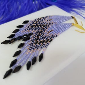 Long dangle beaded earrings,4.5 inches long,Cascade seed bead fringe with crystals,Boho style,Purple amethyst,black,gold colors,women gift