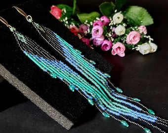 Outrageous long beaded earrings,8 inch,Grey,Turquoise,Green,Blue rich color,Boho seed beads fringe earrings,trends jewelry 2024,popular gift