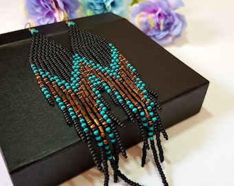 Bleak beaded earrings,5 inch long,Seed bead fringe earrings,ombre color Turquoise,Matte Black,Bronze,bead tassel,trends jewelry for women