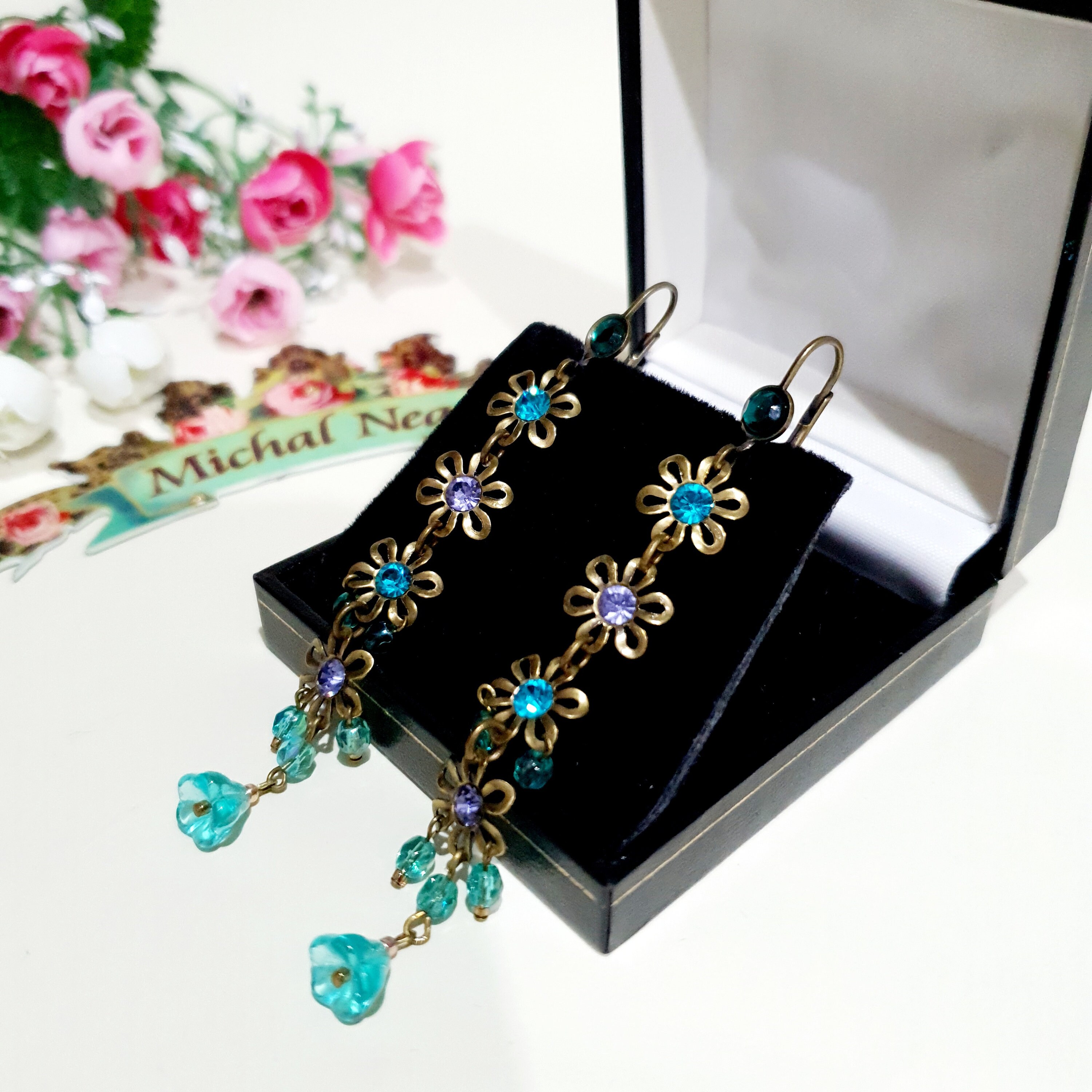 Michal Negrin earrings,3,5 inches long,Vintage jewelry bronze tone,Turquoise and purple crystals,Designer earrings 2000,Made in Israel