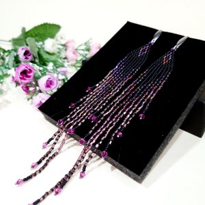 Very long beaded fringe earrings,6 inch long,Sparkling earrings with crystals,Matte black and Purple colors,Trends jewelry 2025