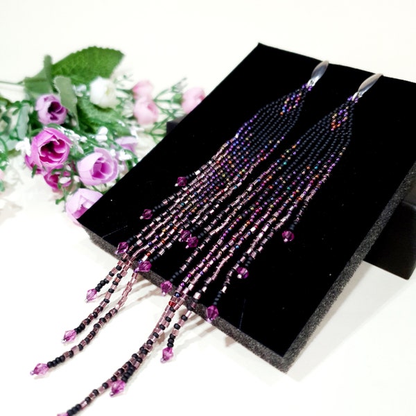 Very long beaded fringe earrings,6 inch long,Sparkling earrings with crystals,Matte black and Purple colors,Trends jewelry 2024